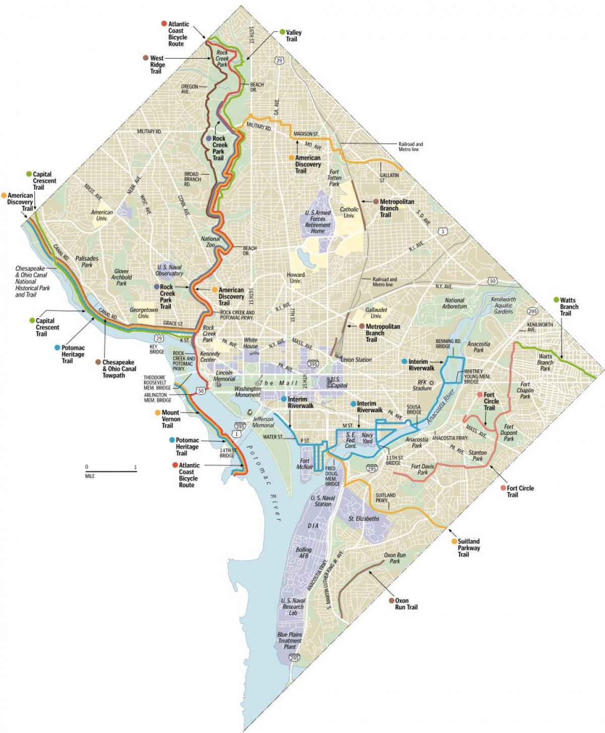 واشنگتن دی سی مسیرهای پیاده روی و دوچرخه نقشه